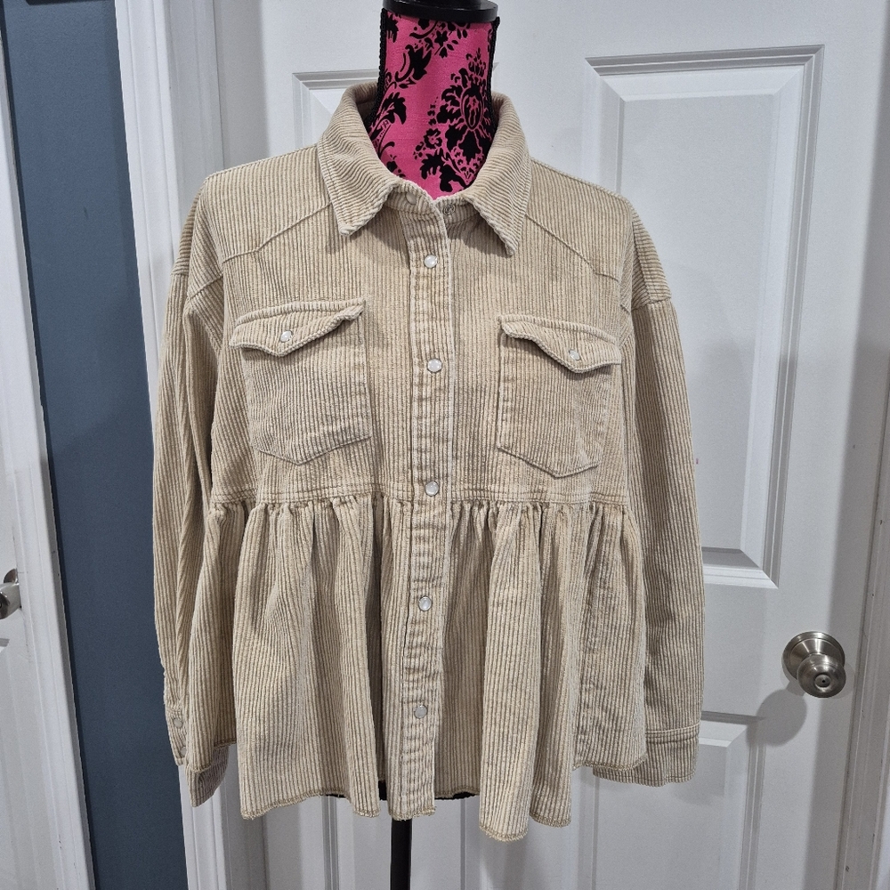 She + Sky Corduroy Jacket‎ Shacket Small Pearl Snap Peplum Babydoll Western Boho